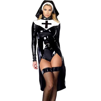 Sexy Wetlook Mníška Halloween Kostým súťaž: Cosplay Plus Veľkosť M, L, XL, XXL Módy Black Vinyl Kožené Uniformy Karneval Erotické Kostýmy