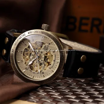 Shenhua Automatické Mechanické hodinky Kostra kožený pás Auto pánske Náramkové Hodinky, luxusné značky módny štýl vintage bronze hodinky