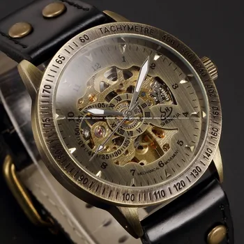 Shenhua Automatické Mechanické hodinky Kostra kožený pás Auto pánske Náramkové Hodinky, luxusné značky módny štýl vintage bronze hodinky