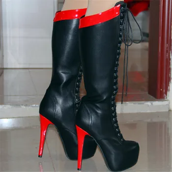 SHOFOO topánky, elegantné a krásne doprava zadarmo, black PU koža, čipka, červené päty, 14.5 cm vysoký podpätok topánky. VEĽKOSŤ:34-45
