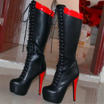SHOFOO topánky, elegantné a krásne doprava zadarmo, black PU koža, čipka, červené päty, 14.5 cm vysoký podpätok topánky. VEĽKOSŤ:34-45