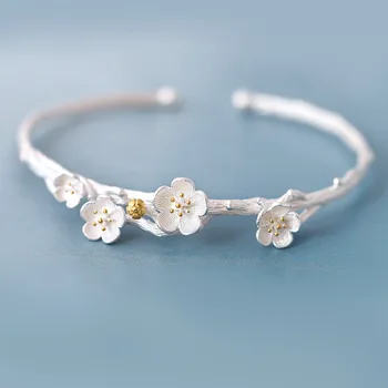 Skutočné 925 Náramok Strieborný Pozlátený Náramok Strieborný módne šperky náramok 3D slivka kvet Pobočiek šperky veľkoobchod šperky