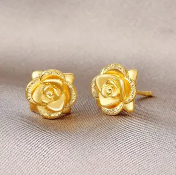 Skutočné Pevné 24K Žlté Zlato Náušnice dámske Ruže Kvet Stud Náušnice