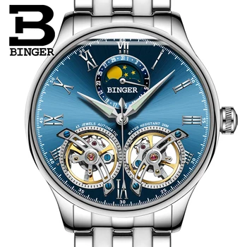 Skutočné Švajčiarsko BINGER Značky Mužov Self-vietor nepremokavé plný ocele, automatické mechanické mužskej módy Dve hodinky Tourbillon
