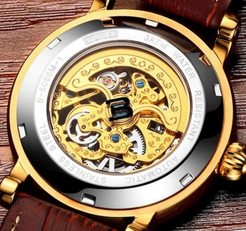 Skutočné Švajčiarsko BINGER Značky Ženy automatické mechanické self-vietor hnedé kožené dvojité duté nepremokavé muž módne hodinky