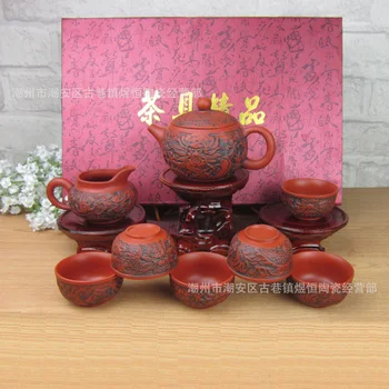 Skutočný Kung Fu Čaj Nastavte Položku [Kanvicu + Slúžiace Pohár +6 Šálok] Travel Čínskeho Porcelánu Sady Keramických Yixing Fialová Hliny Prenosné Darček