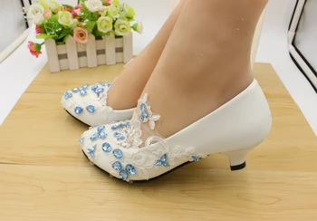 Sky blue (nebeská modrá kamienkami crystal čipky svadobné topánky žena TG455 nízke med podpätky nevesty svadobné party šaty, topánky bielej čipky