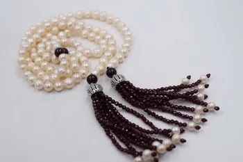 Sladkovodné perly biele blízkosti kolo a červený granát 3 mm hák prívesok náhrdelník 55inch FPPJ veľkoobchod korálky prírody