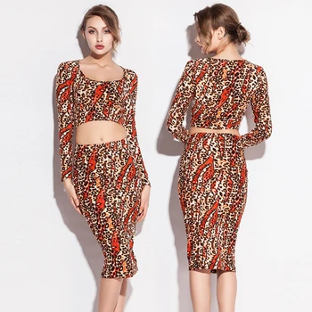 Slim Fit 2017 Leopard Tlač Úsek Bavlna Sexy Ženy, Dva Kusy Tesné Šaty S. M. L. XL