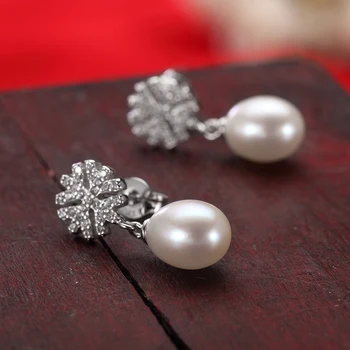 Snowflake 925 Sterling Silver Pearl Náušnice pre Ženy Výročie Šperky, Darčeky 8-9MM Biela Sladkovodné Perly Stud Náušnice FEIGE