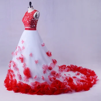 SoDigne Svadobné Šaty Princezná Plus Veľkosť Červenej Krajky Svadobné Šaty Dva kusy Kvety Krajky-up Dlhé Červené Opuchnuté Šaty