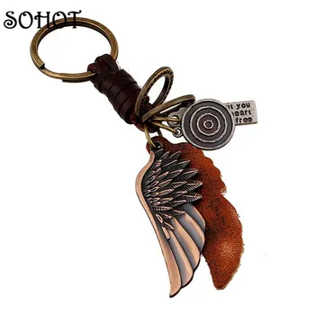 SOHOT Anjel Krídla Bronz Kabelky Prívesok Farba Originálne Kožené Vintage kľúčenky Pre Mužov, Ženy, Šperky, Darčeky Krúžok na kľúče