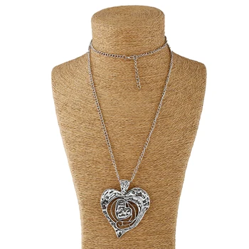 Starožitné strieborné Veľké vyhlásenie, abstrakt kovový prívesok srdce a dlhé retiazky náhrdelník strieborný lagenlook 95 cm