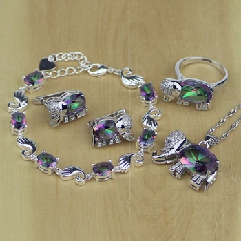 Strieborné Farebné Šperky Mystic Fire Rainbow Slon Multi-color Crystal Šperky Set Ženy, Náušnice/Prívesok/Náhrdelník/Krúžok/Náramok