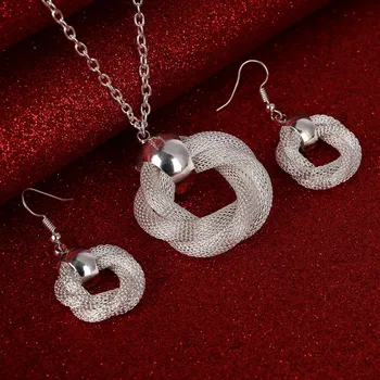 Strieborné Pozlátené Luxusné Šperky Sady Ženy Móda Kruhu Pletená Oka Prívesok Náhrdelník Dlho Visieť Náušnice Nastaviť