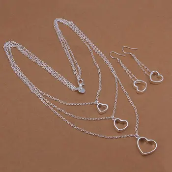 Strieborné pozlátené šperky 925-sterling-strieborná módne šperky srdce náhrdelník&náušnice šperky sady pre ženy SS424