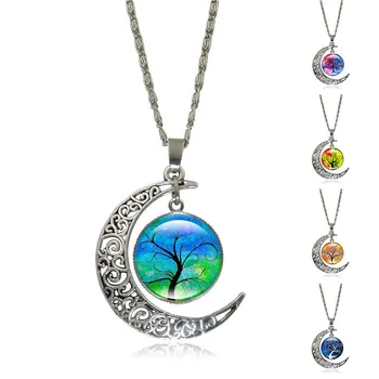 Striebro Polmesiaca Náhrdelník Stromu Života, umelecké Sklo Cabochon Prívesok Módne Half Moon Príslušenstvo Reťaz Náhrdelník pre Ženy Šperky