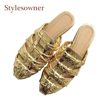 Stylesowner zlato snakeskin vzor blízkosti prst duté sa žien v lete papuče reálnom kožené ploché päty módne pláže topánky ženy