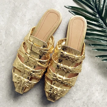 Stylesowner zlato snakeskin vzor blízkosti prst duté sa žien v lete papuče reálnom kožené ploché päty módne pláže topánky ženy