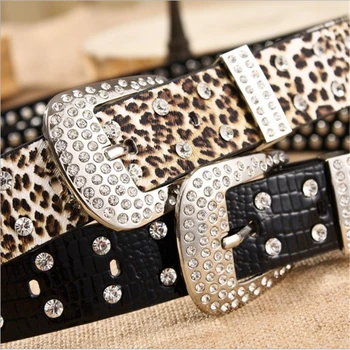 SupSindy ženy pás pin pracky luxusné Kamienky leopard tlač PU kožené pásy pre ženy najkvalitnejšie Ženské popruh pre džínsy