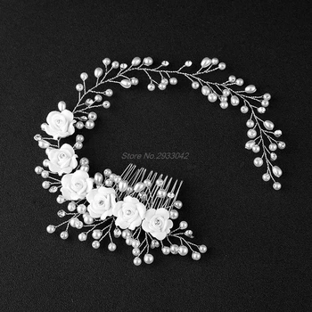 Svadobné Kvety, Umelé Perly Svadobné Dievča Tiara Kvetinový Headdress Čelenka Na Vlasy Prečesať-W128