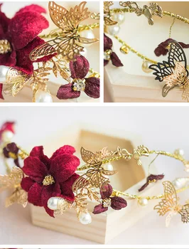 Svadobné Svadobné Doplnky Do Vlasov Zlatý Motýľ Garland Hairbands Tiara Koruny Červený Kvet Perly Vlasy Kus Šperky Ženy Hlavový Most
