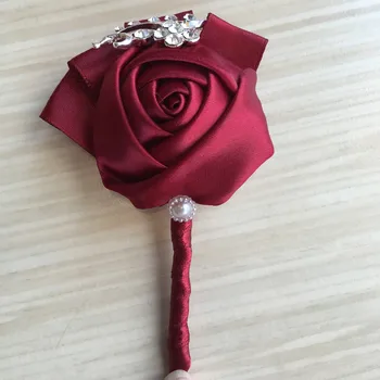 Svadobné Svadobné Nevesty Boutonniere Víno Červené Saténové Ruže, Kvety Corsage mariage de Prom Crystal Brošňa Kvety de novia XH1300-2