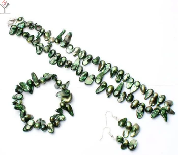 Svadobné Ženy Šperky set 8-15 mm tmavo zelená barokový predĺžený perlový náhrdelník náramok háčik Náušnice prírodné sladkovodné perly