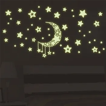 Svietiace nálepky, mesiac, hviezdy žiariace v tme Detí izba Dekor Obtlačky Deti samolepky NA stenu Domova