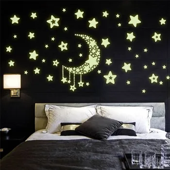 Svietiace nálepky, mesiac, hviezdy žiariace v tme Detí izba Dekor Obtlačky Deti samolepky NA stenu Domova