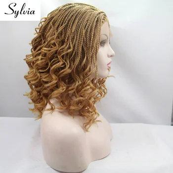 Sylvia blondína pletená box sieťky, syntetické predné čipky parochne s kučeravé prírodné tepelne odolných vlákien vlasy
