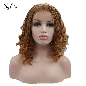 Sylvia blondína pletená box sieťky, syntetické predné čipky parochne s kučeravé prírodné tepelne odolných vlákien vlasy