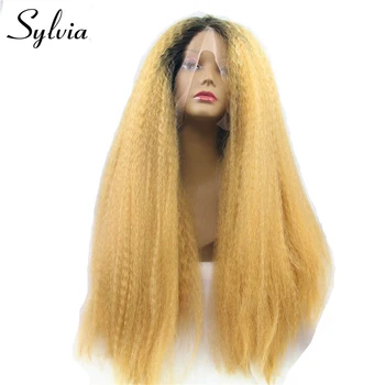 Sylvia ombre blond kučeravé rovno syntetické predné čipky parochne s tmavými korene 260% hustota prirodzený vzhľad tepelne odolných vlákien vlasy