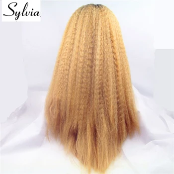 Sylvia ombre blond kučeravé rovno syntetické predné čipky parochne s tmavými korene 260% hustota prirodzený vzhľad tepelne odolných vlákien vlasy