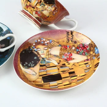 Súd Bone China Black Tea Šálku Kávy Tanier Nastavenie Gustav Klimt Umenie Famouspaint olejomaľba KISS Keramiky Copa Jedlo Vyhovovali Darčekovej krabičke