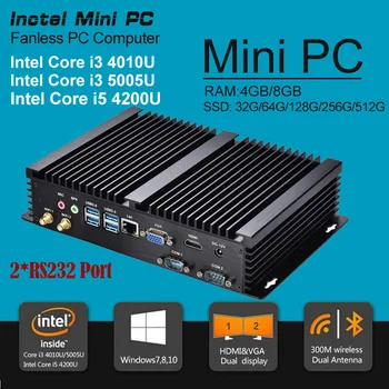 Súčasné obrady I3 Mini Počítač bez ventilátora Mini PC Windows 10 Core i3 4010U i3 5005U i5 4200U i7 5550U 2*RS232 priemyselné PC Robustný PC