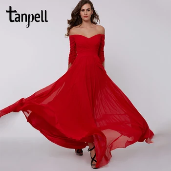 Tanpell ramena večerné šaty červené 3/4 dĺžke rukávov riadok šaty žien skladaný dĺžka podlahy formálne dlhé večerné šaty