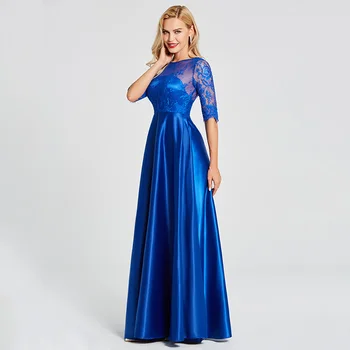 Tanpell čipky večerných šiat, kráľovská modrá lopatka krku polovicu rukávy dĺžka podlahy riadok šaty žien backless formálne dlhé večerné šaty