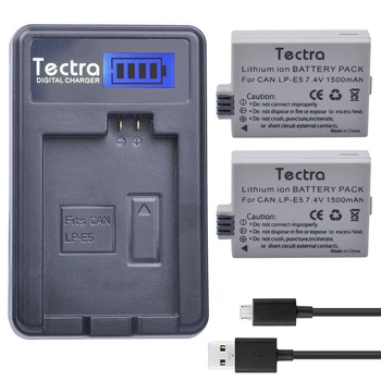 Tectra 2 KS LP-E5 LPE5 1500mAh Li-ion Batéria+LCD USB Nabíjačka pre Canon EOS Rebel XS Rebel T1i Rebel XSi 1000D 500D 450D Kiss X3