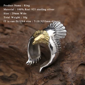 Thajský striebro Mužov Veľký Kruh 925 Sterling Silver Jemné šperky Punk Eagle Perie Značky Módnych Nastaviteľné Vianočný Darček 2018 R3