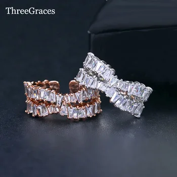 ThreeGraces Luxusné Zásnubný Prsteň Pre Ženy Pripraviť Geometrické Dlho Námestie CZ Kryštálmi Nastaviteľné Snubné Prstene, Svadobné Šperky RG066