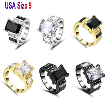 TianBo Nový Dizajn Black / Clear Farba Štvorcový Zirkón Mužov Veľkosť 9 Krúžok Biela / Čierna / Zlatá Farba Crystal Šperky, Zásnubné Prstene
