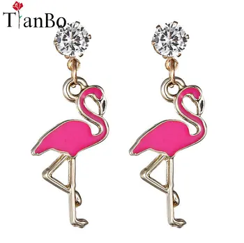 TianBo Roztomilé Ružové pštrosie Červená-korunovaný Žeriav Zvierat Flamingo Stud Náušnice Krásne Módne Šperky Vianočný Darček