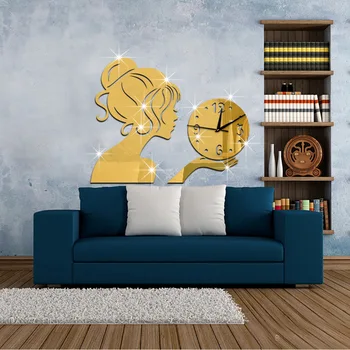 Top Kvalita DIY 3D Dievča Zrkadlo Akrylátové Nástenné Hodiny Quartz animovať obývaciu izbu Sledujte Osobnosti Kruhové Veľké Nástenné Hodiny Nálepky