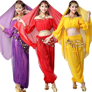 Top+Nohavice+Opasok+Závoj Ženy, Brušný Tanec Výkon Kostýmy Holky, Tanec Nosenie Brušného Tanca Oblečenie Nastaviť Žena Indického Fáze nosenie