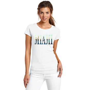 Topy Ženy 2017 Letné Módne T-shirts USA Miami City Vytlačené Biele Krátky Rukáv Základné Tees Bežné Ženy Outwear T-shirt