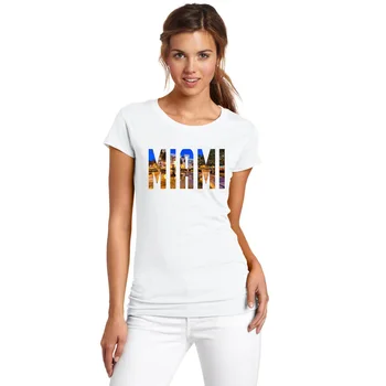 Topy Ženy 2017 Letné Módne T-shirts USA Miami City Vytlačené Biele Krátky Rukáv Základné Tees Bežné Ženy Outwear T-shirt