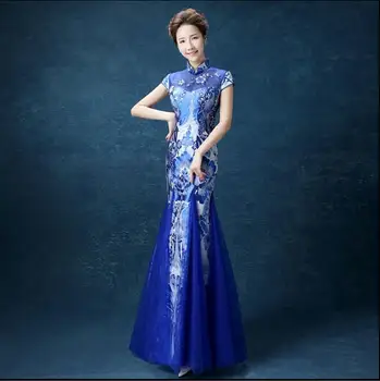 Tradičná čínska cheongsam dlhé šaty Modré šaty s kvetmi Moderné qipao 2018 orientálnou svadobné šaty party šaty