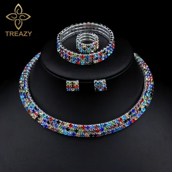 TREAZY Classic 3 Riadok Kamienkami Farebné Crystal Náhrdelníky Náušnice, Náramok, Prsteň Svadobné Svadobné Šperky Set Afrického Šperky Set