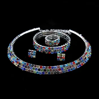 TREAZY Classic 3 Riadok Kamienkami Farebné Crystal Náhrdelníky Náušnice, Náramok, Prsteň Svadobné Svadobné Šperky Set Afrického Šperky Set